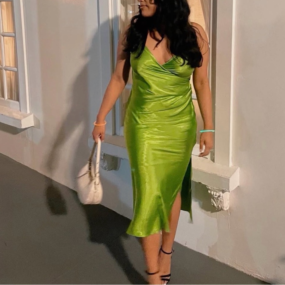 Zara Satin Slip Midi Dress in Lime Green
